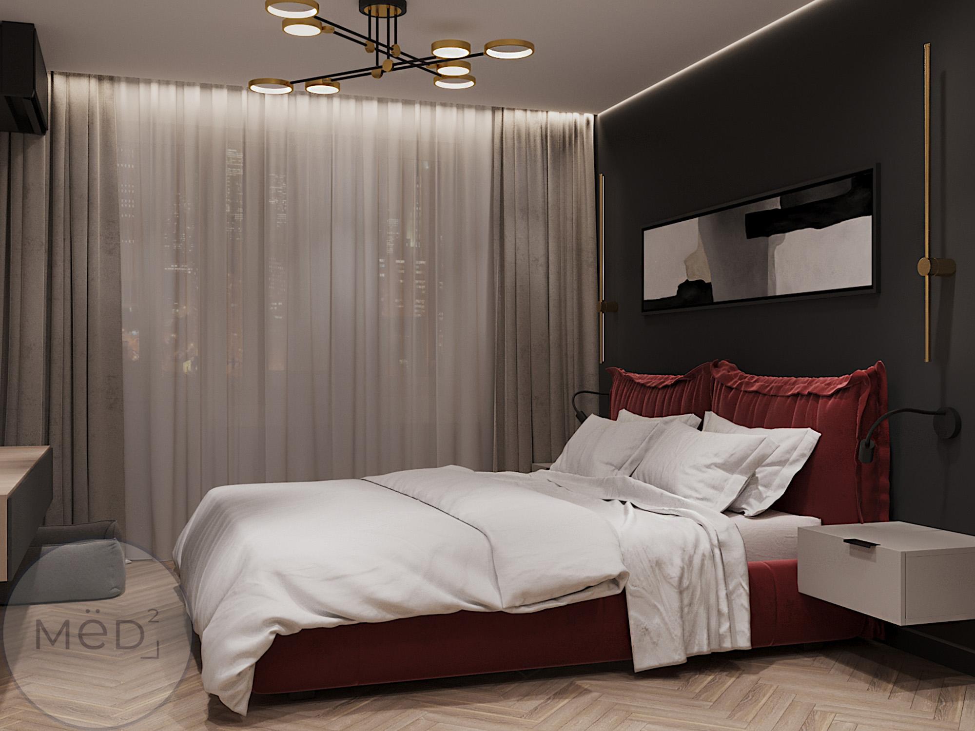 Интерьер спальни с подсветкой настенной, подсветкой светодиодной, светильниками над кроватью и с подсветкой