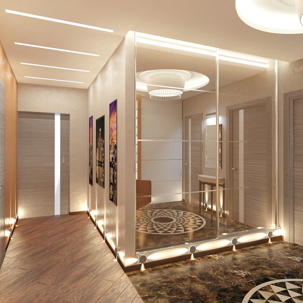 Интерьер коридора с рейками с подсветкой, подсветкой настенной, подсветкой светодиодной и с подсветкой в современном стиле
