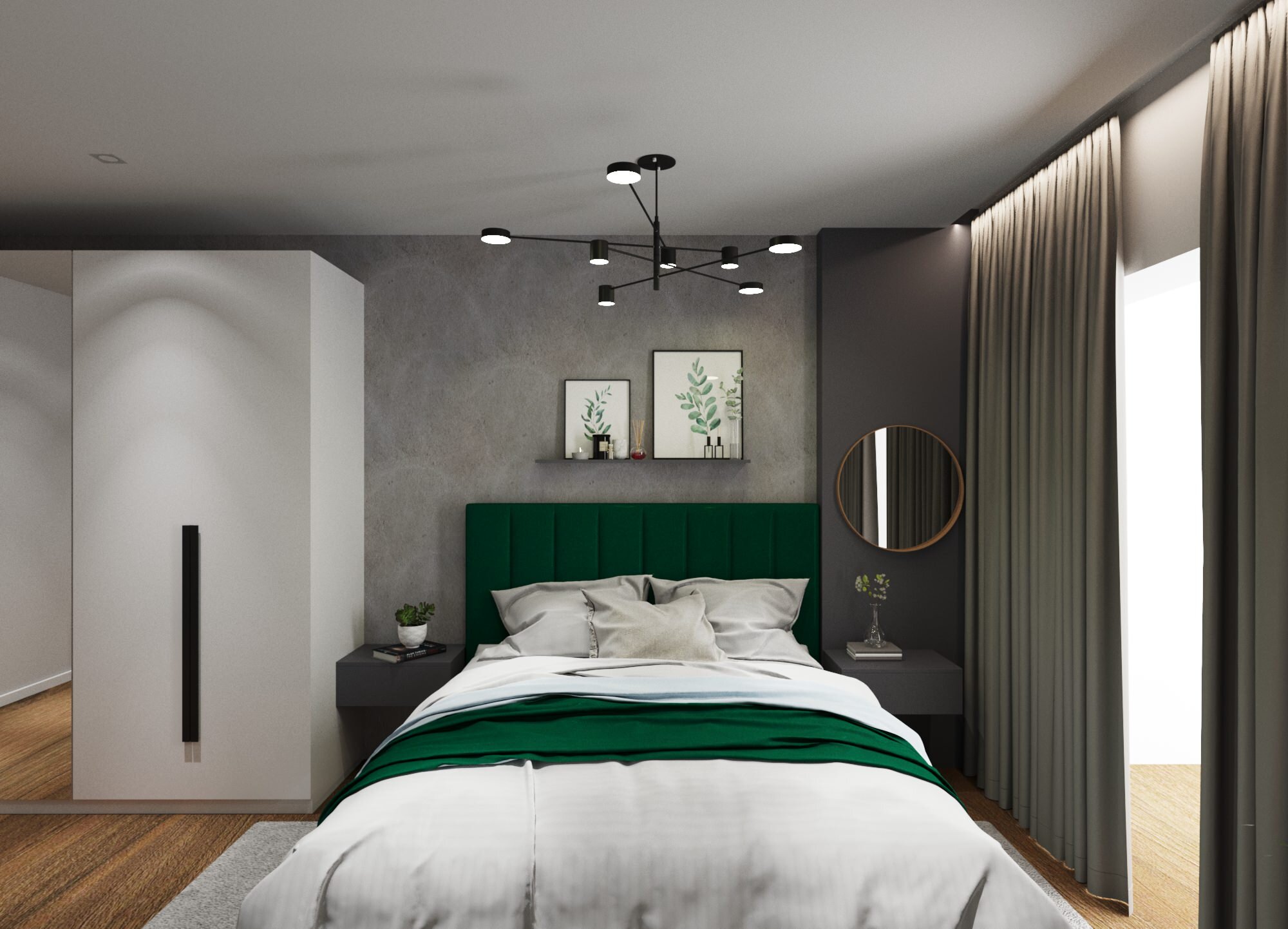 Интерьер спальни cветовыми линиями, рейками с подсветкой, подсветкой настенной, подсветкой светодиодной и светильниками над кроватью