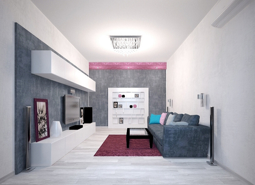 Интерьер гостиной cветовыми линиями, подсветкой настенной и подсветкой светодиодной в современном стиле