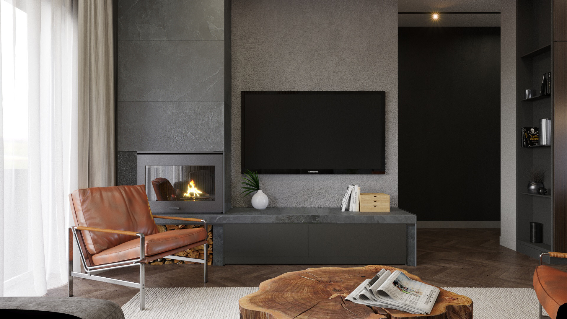 Интерьер гостиной cтеной с телевизором, телевизором на стене и керамогранитом на стену с телевизором в современном стиле