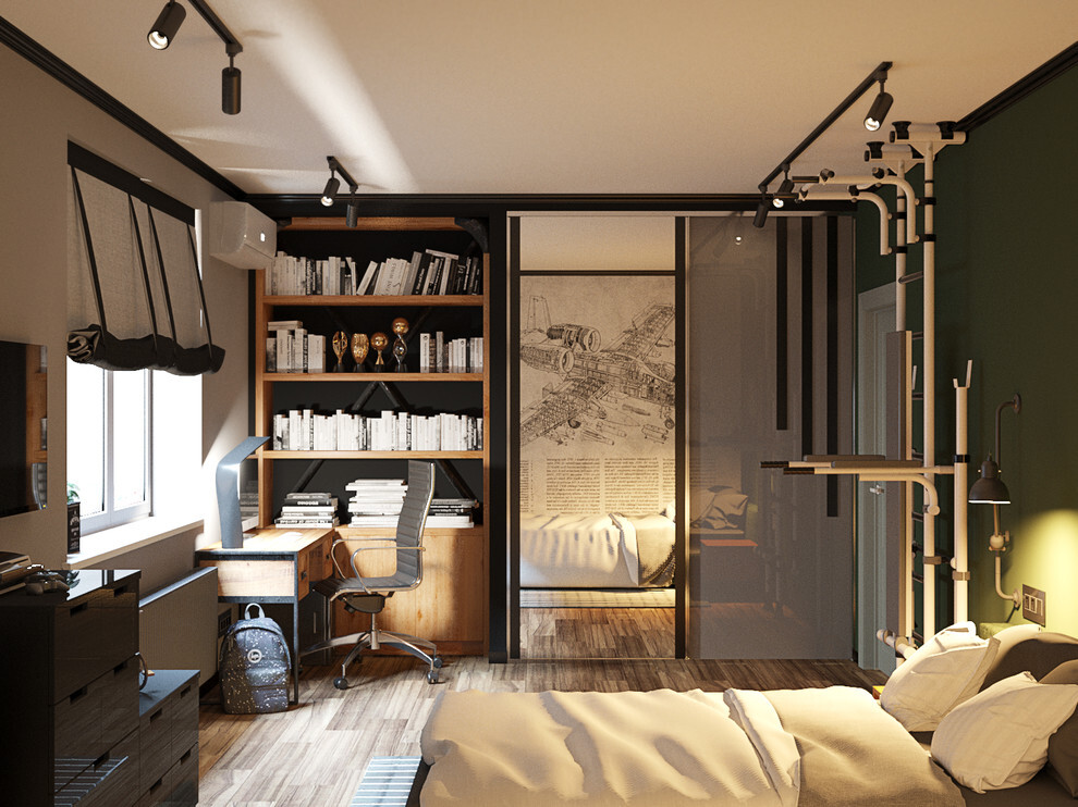 Интерьер спальни c рабочим местом, проходной, с кабинетом и с антресолью в неоклассике и в стиле лофт
