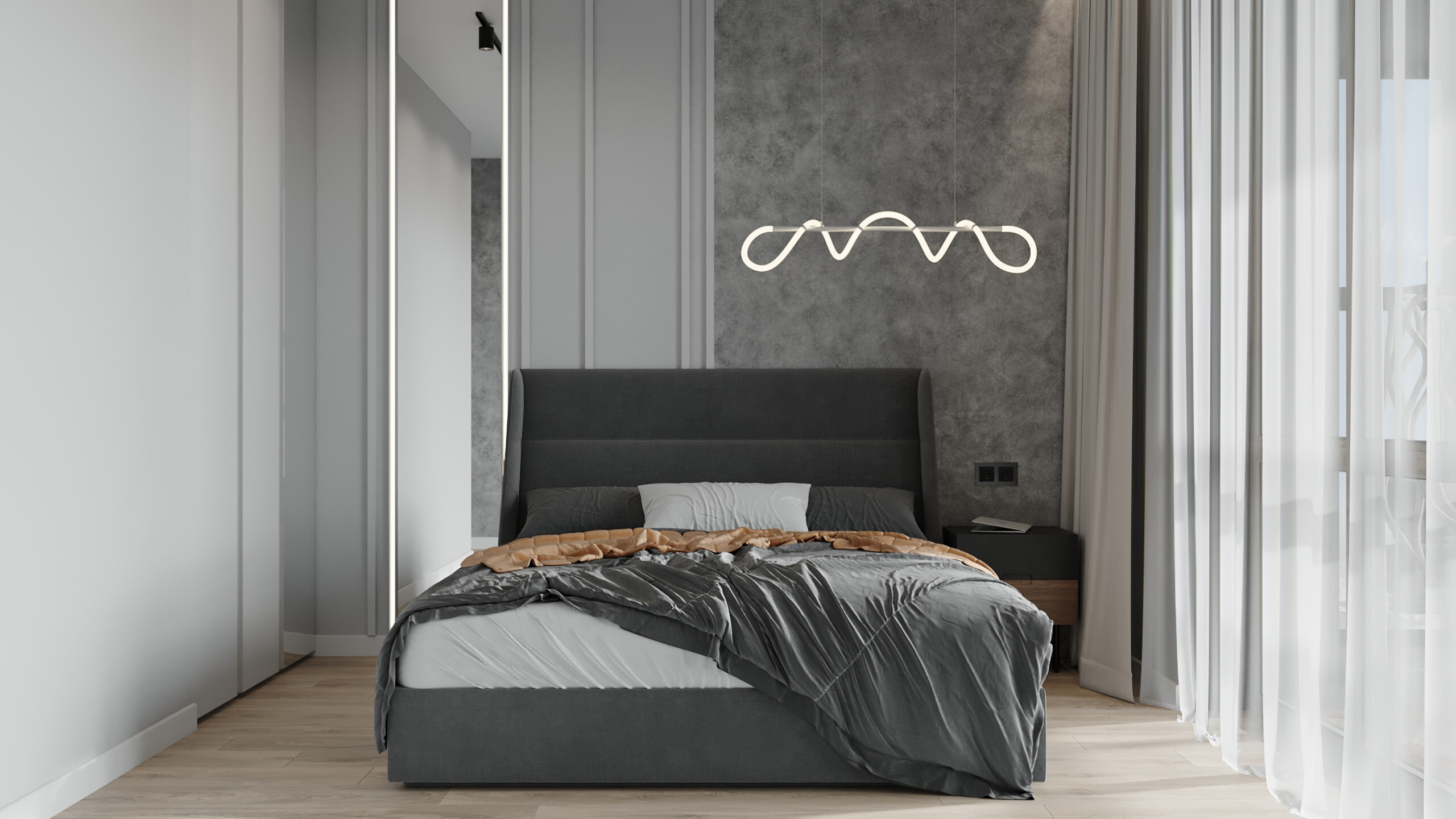 Интерьер спальни cветовыми линиями, бра над кроватью и светильниками над кроватью в современном стиле