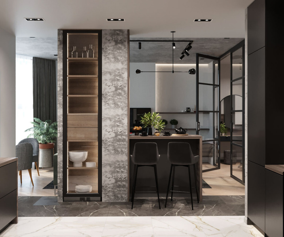 Интерьер кухни c кабинетом и ресепшном в современном стиле и в стиле лофт