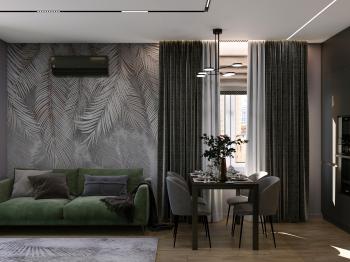 Интерьер гостиной с зонированием шторами, световыми линиями, рейками с подсветкой и подсветкой настенной в современном стиле и в стиле лофт