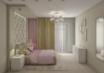 Интерьер спальни с зонированием шторами в неоклассике смотреть на Basicdecor