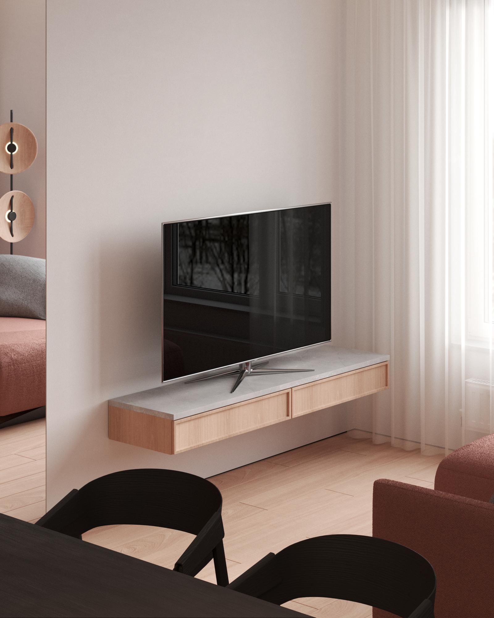 Интерьер с полками над телевизором, стеной с телевизором, телевизором на рейках и телевизором на стене