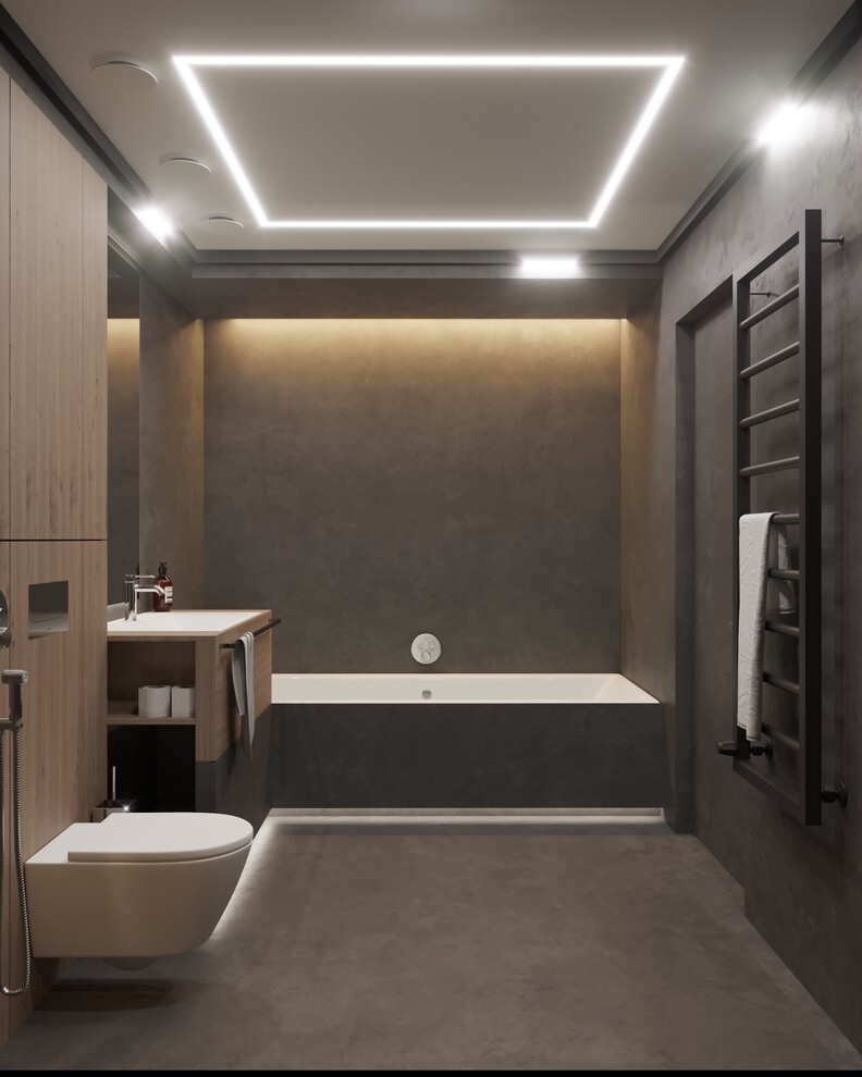 Интерьер ванной cветовыми линиями, рейками с подсветкой, подсветкой настенной, подсветкой светодиодной и с подсветкой в современном стиле