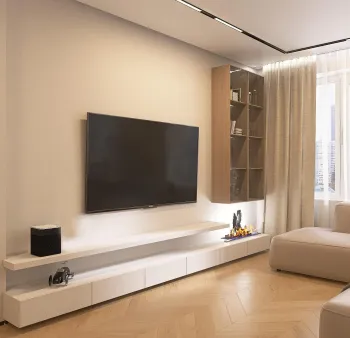 Интерьер гостиной с телевизором на стене  смотреть на Basicdecor