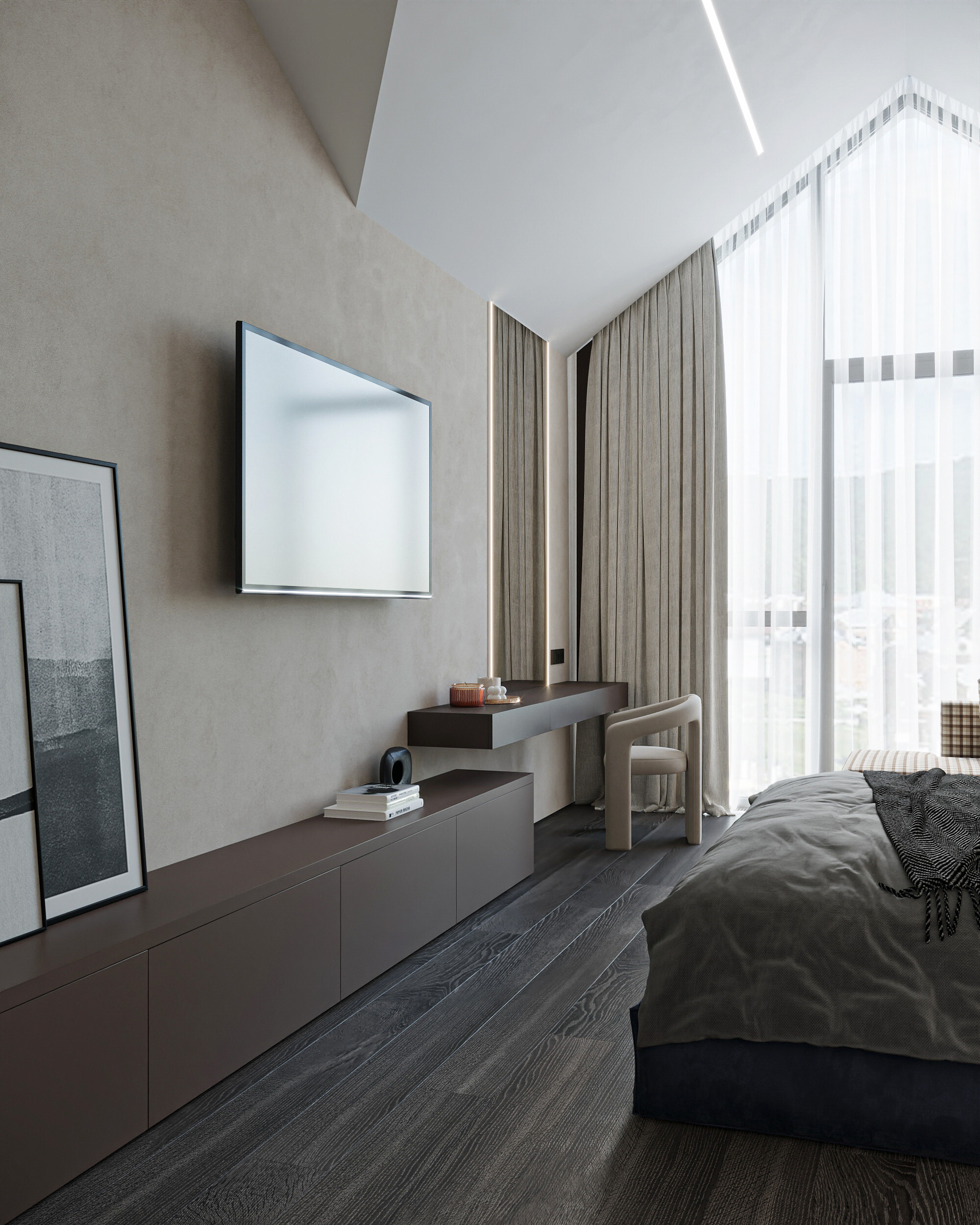 Интерьер спальни cтеной с телевизором, телевизором на стене и подсветкой настенной в современном стиле