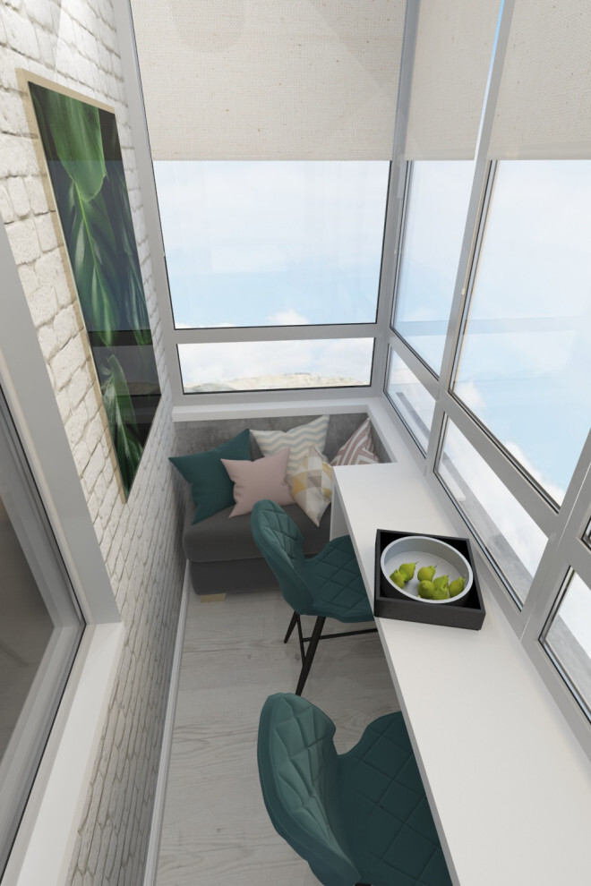 Интерьер балкона с барной стойкой, балконом и панорамными окнами в современном стиле
