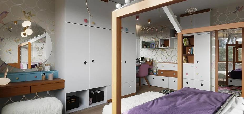 Интерьер спальни c рабочим местом и с детской в стиле лофт и скандинавском стиле