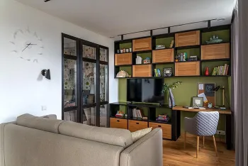 Интерьер с зонированием, проходной и перегородкой раздвижной  смотреть на Basicdecor