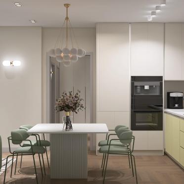 Интерьер кухни cветильниками над столом  смотреть на Basicdecor