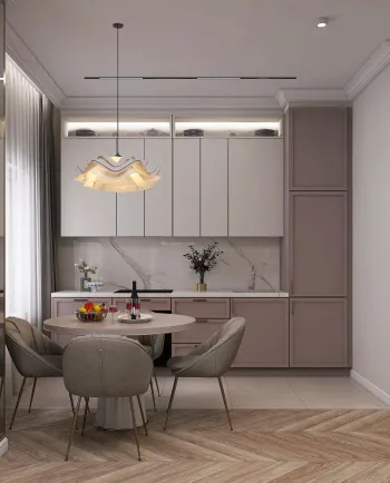 Интерьер кухни cветильниками над столом  смотреть на Basicdecor