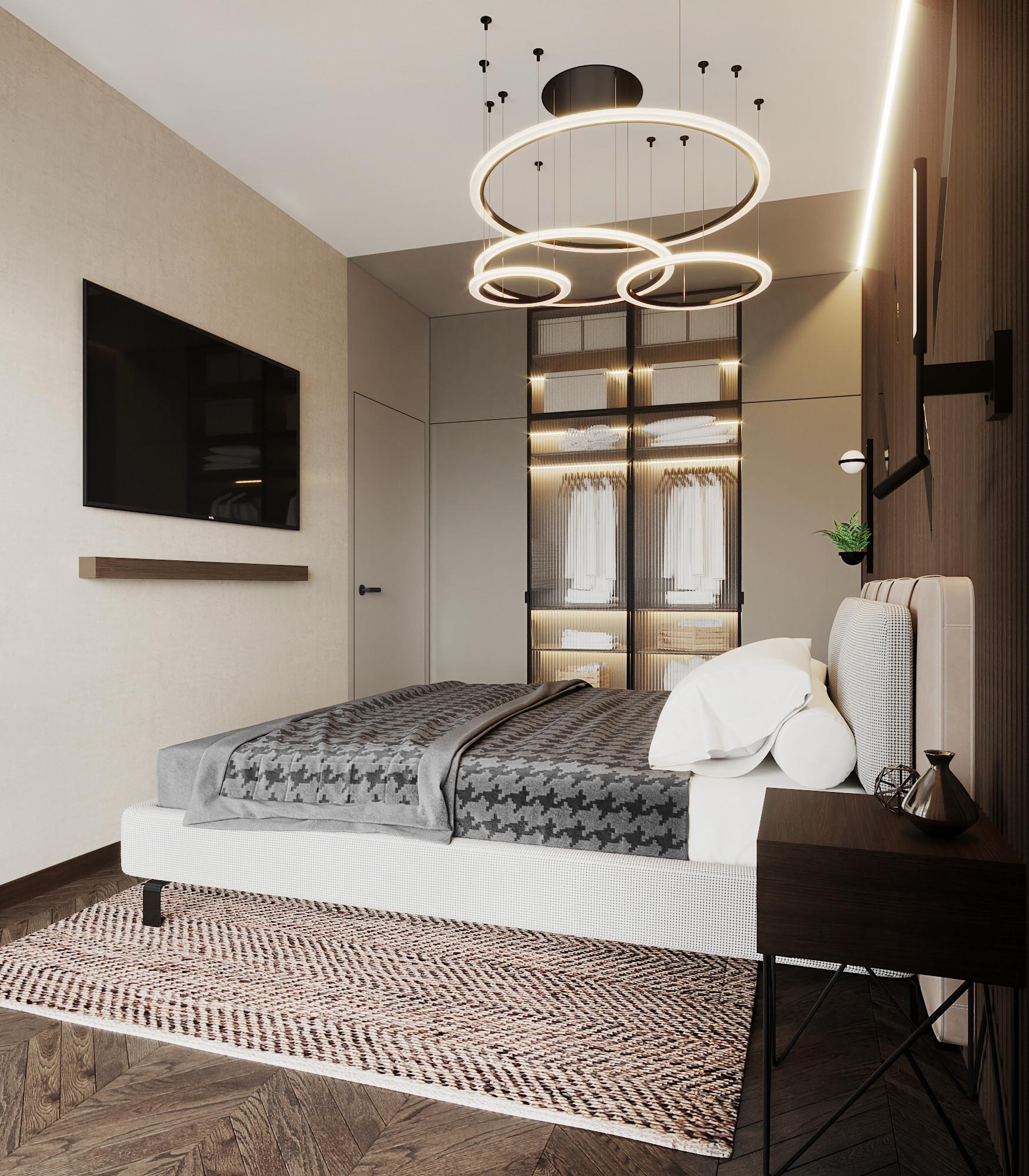 Интерьер спальни с подсветкой светодиодной и светильниками над кроватью в современном стиле и в стиле лофт