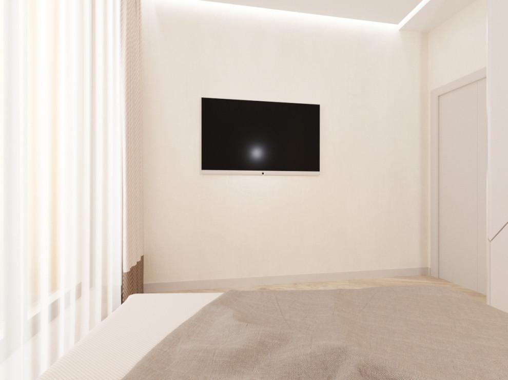 Интерьер спальни cтеной с телевизором, телевизором на стене, керамогранитом на стену с телевизором и подсветкой настенной в современном стиле