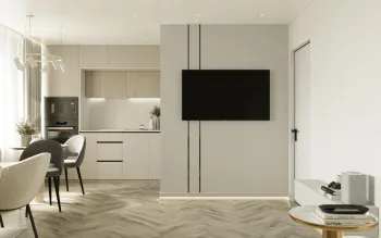Интерьер кухни с телевизором на стене и нишей для телевизора  смотреть на Basicdecor