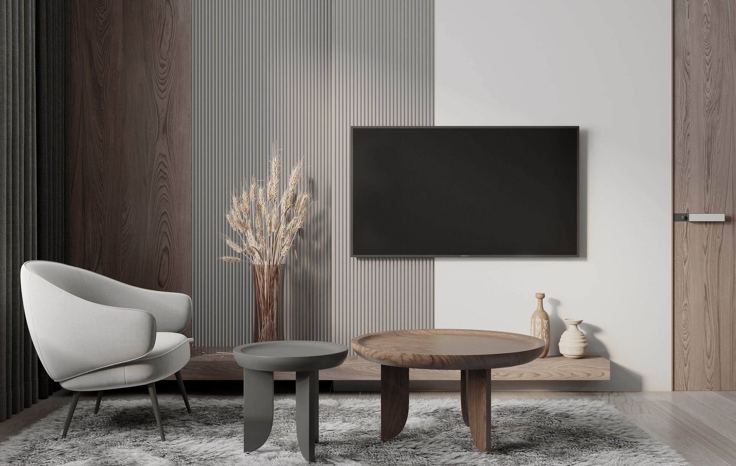 Интерьер cтеной с телевизором, телевизором на стене и керамогранитом на стену с телевизором в современном стиле