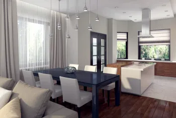 Интерьер столовой cветильниками над столом в современном стиле смотреть на Basicdecor