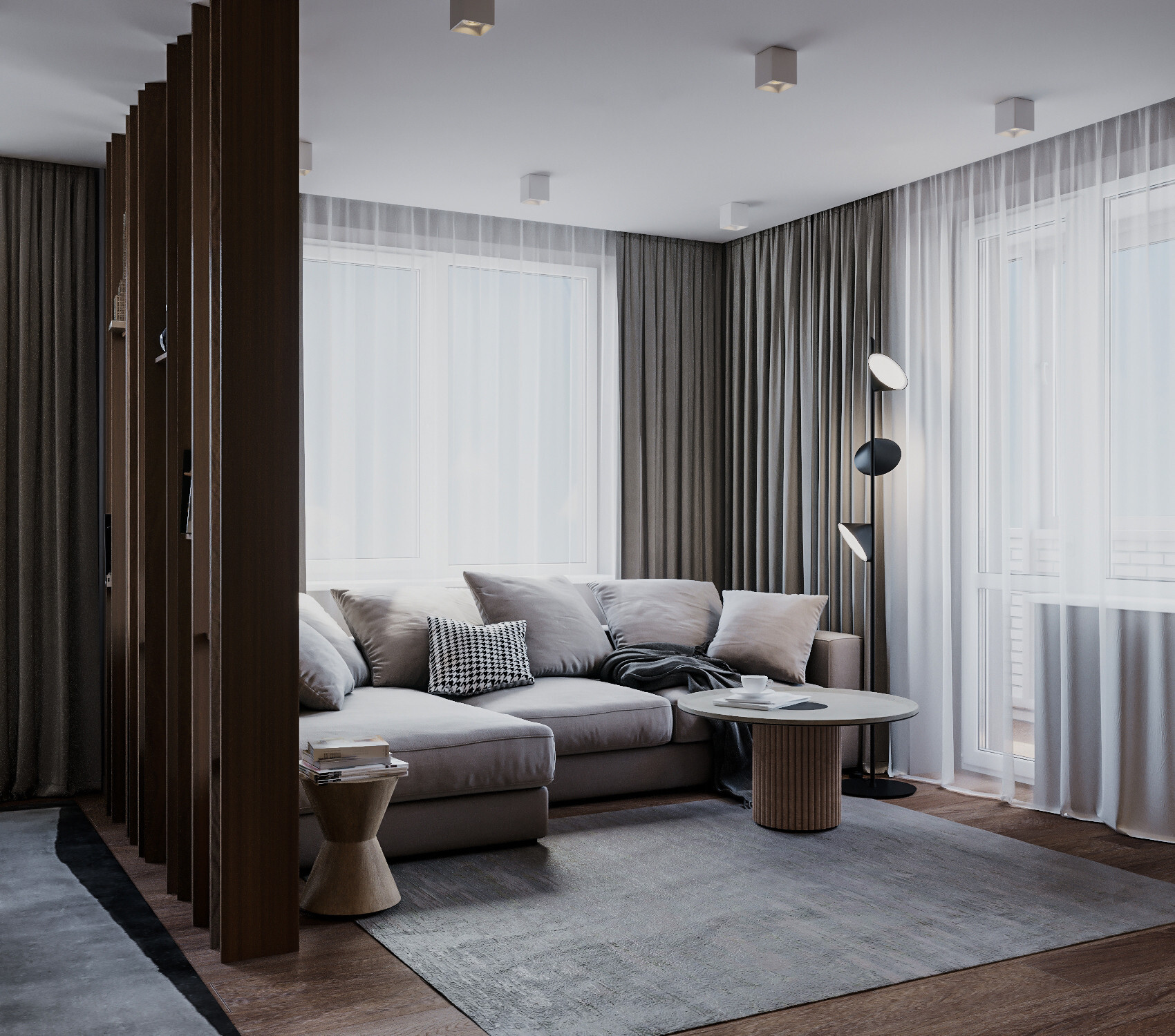 Интерьер гостиной с зонированием шторами, зонированием рейками, вертикальными жалюзи и рейками с подсветкой в современном стиле