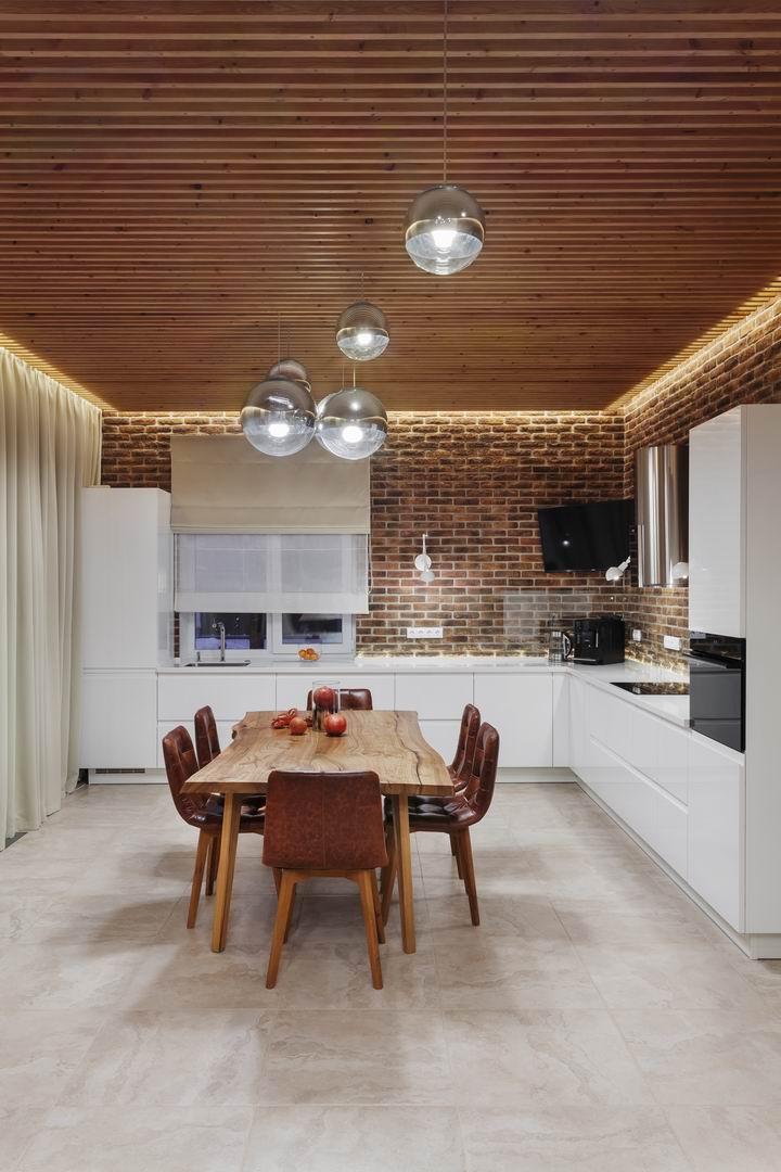 Интерьер кухни cветовыми линиями, рейками с подсветкой, подсветкой настенной и подсветкой светодиодной