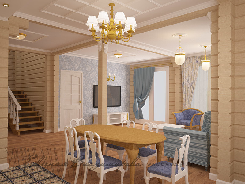 Интерьер столовой с в деревянном доме в стиле фьюжн