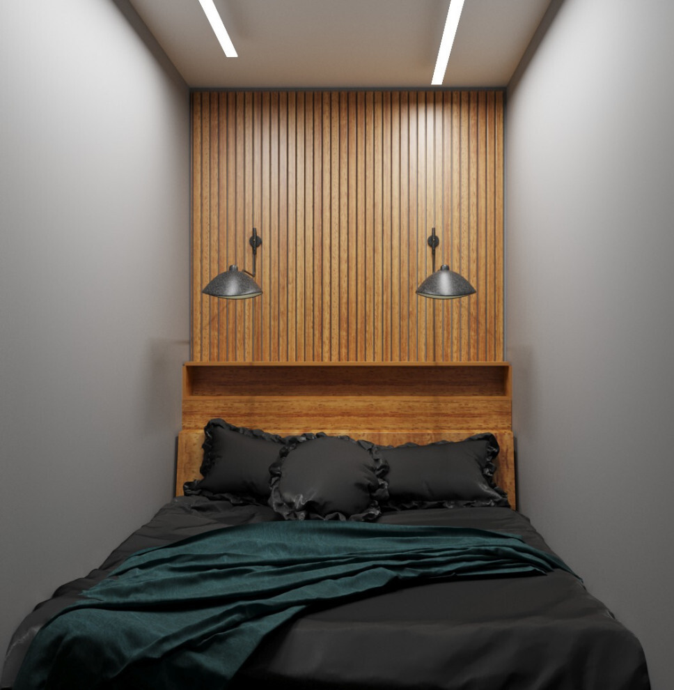 Интерьер спальни с рейками с подсветкой, подсветкой настенной, подсветкой светодиодной, светильниками над кроватью и с подсветкой в стиле лофт