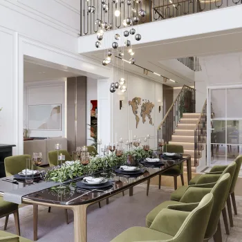 Интерьер столовой cветильниками над столом  смотреть на Basicdecor