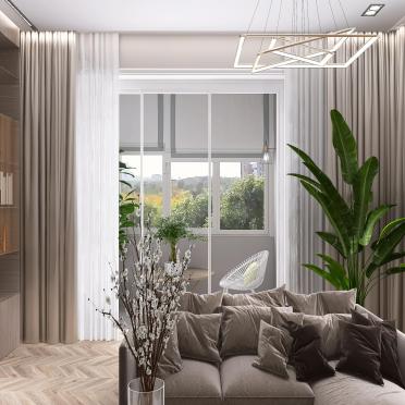 Интерьер гостиной с зонированием шторами  смотреть на Basicdecor