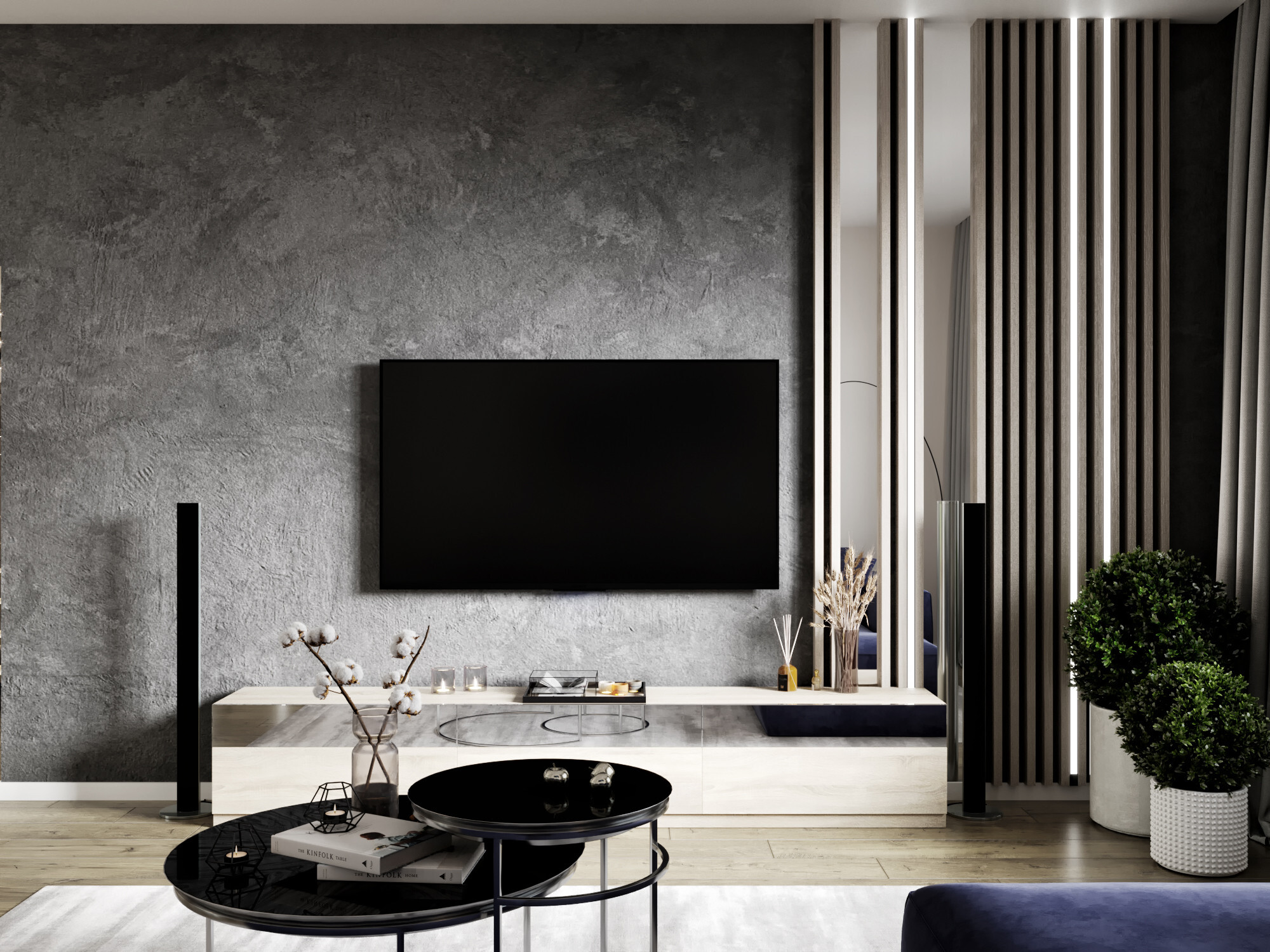 Интерьер гостиной cтеной с телевизором, телевизором на стене, нишей для телевизора и керамогранитом на стену с телевизором в современном стиле