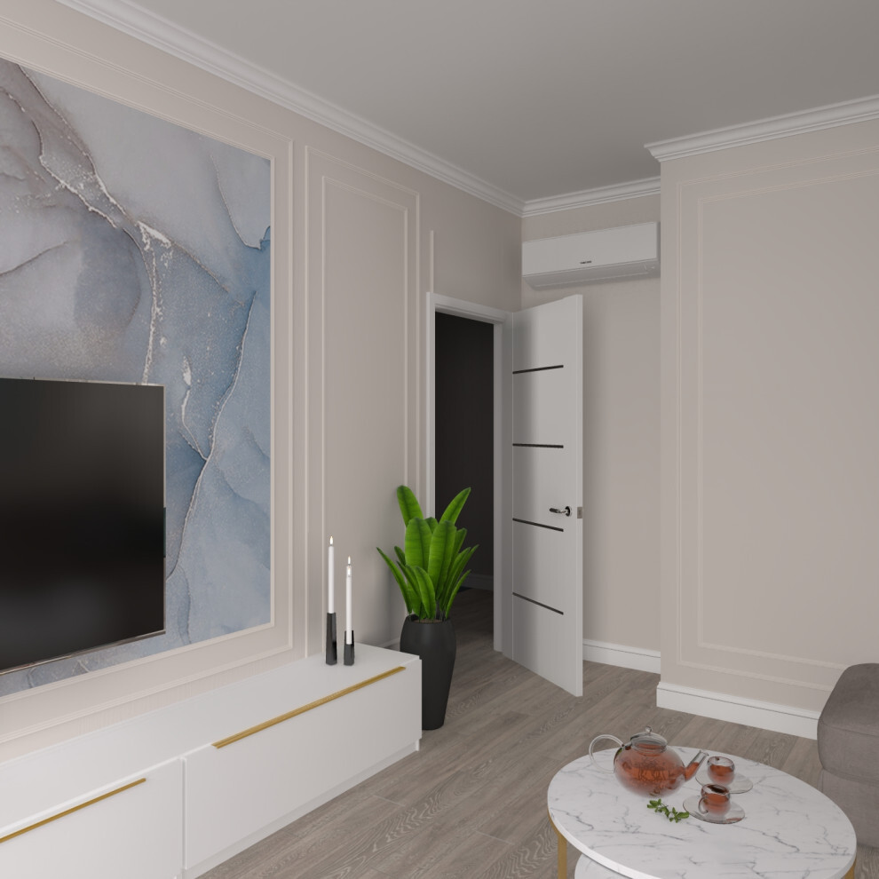 Интерьер гостиной с панно за телевизором и керамогранитом на стену с телевизором в неоклассике