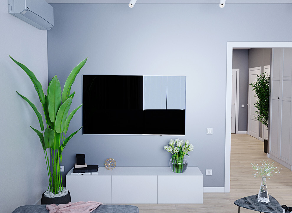 Интерьер гостиной cтеной с телевизором, телевизором на стене, керамогранитом на стену с телевизором и подсветкой настенной в скандинавском стиле