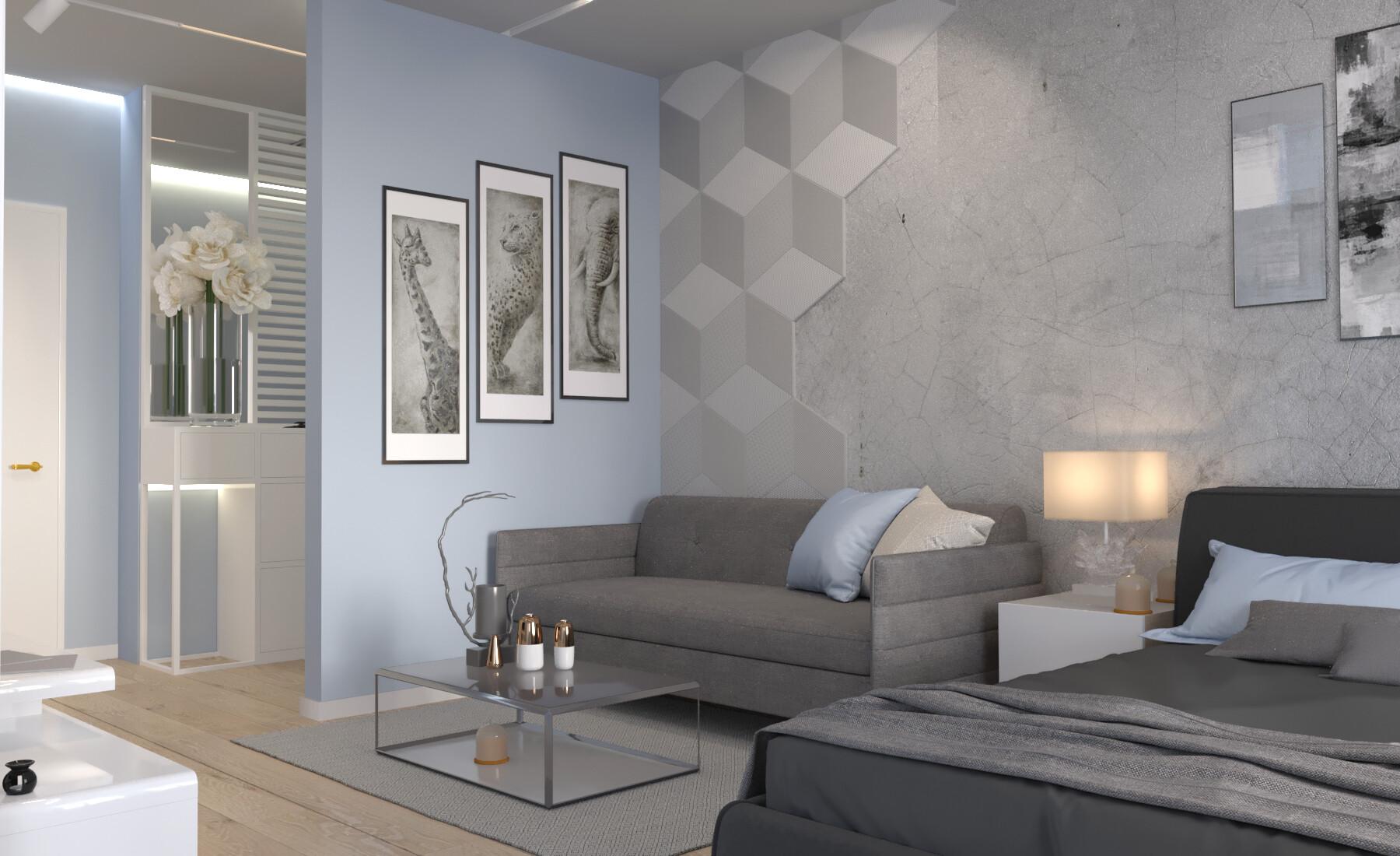 Интерьер гостиной с нишей из плитки, керамогранитом на стену с телевизором, подсветкой настенной и подсветкой светодиодной
