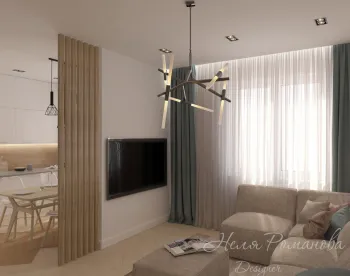 Интерьер гостиной с зонированием рейками  смотреть на Basicdecor