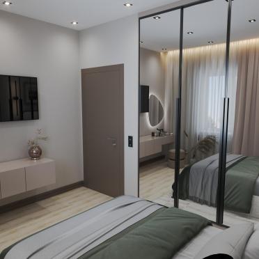Интерьер спальни с зеркалом на двери  смотреть на Basicdecor