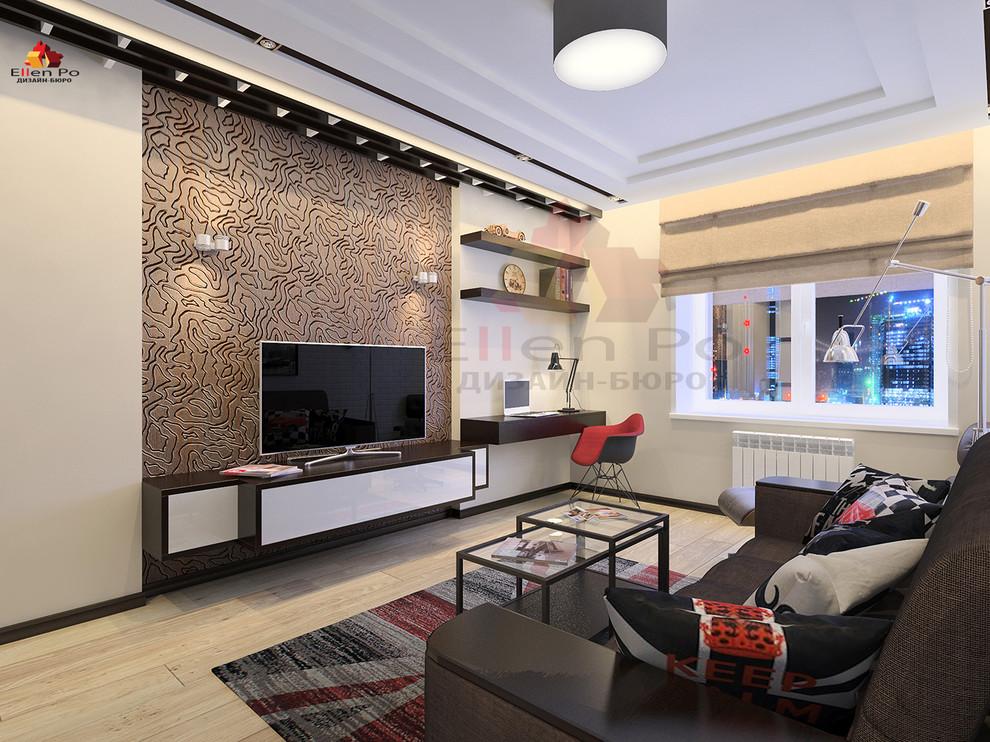 Интерьер гостиной с проходной, стеной с телевизором, керамогранитом на стену с телевизором, подсветкой настенной, подсветкой светодиодной и с подсветкой в стиле лофт и в восточном стиле