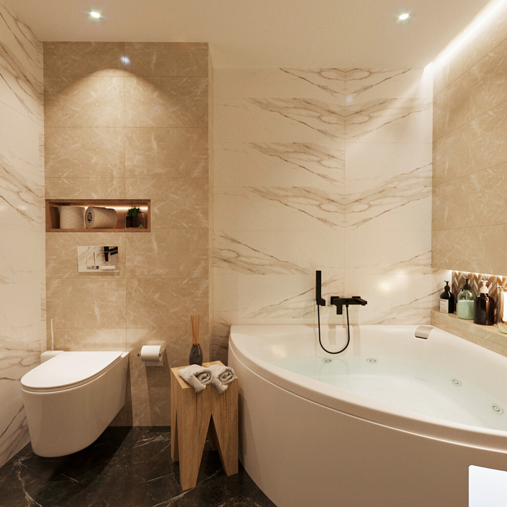 Интерьер ванной c рабочим местом в современном стиле и в стиле лофт