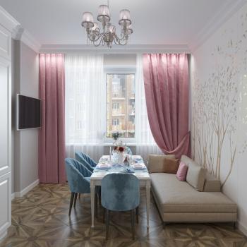 Интерьер гостиной с зонированием шторами в неоклассике смотреть на Basicdecor