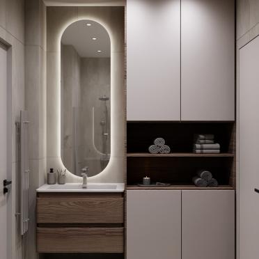 Интерьер ванной с зеркалом на двери и с подсветкой  смотреть на Basicdecor