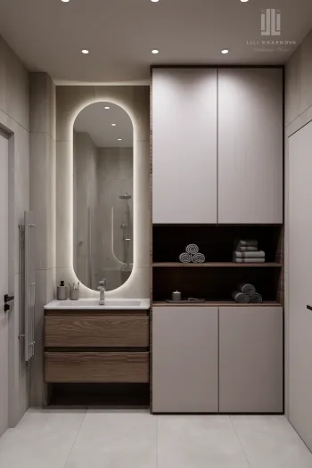 Интерьер ванной с зеркалом на двери и с подсветкой  смотреть на Basicdecor