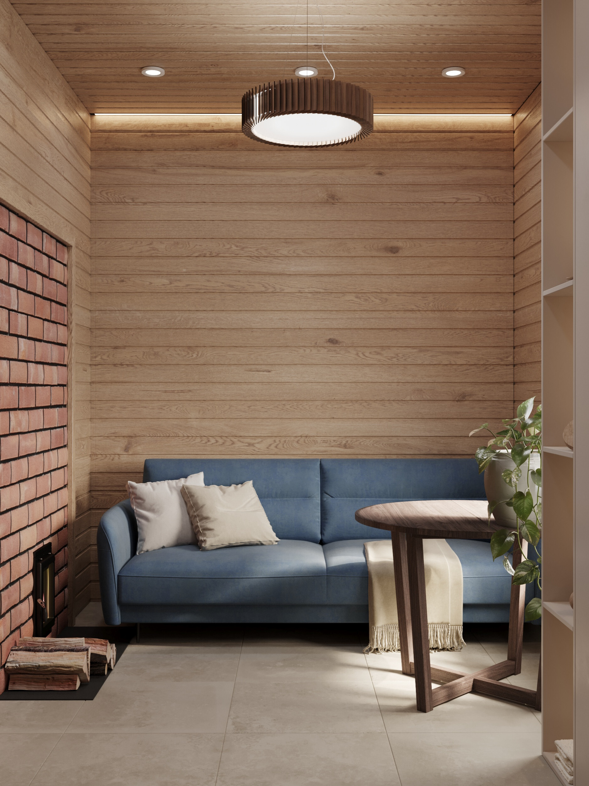 Интерьер с в деревянном доме, сауной, рейками с подсветкой, подсветкой настенной и подсветкой светодиодной в современном стиле