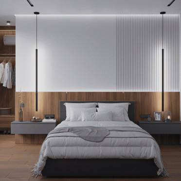 Интерьер спальни cветильниками над кроватью и с подсветкой  смотреть на Basicdecor