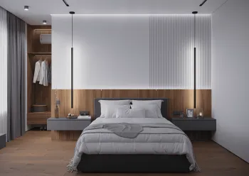 Интерьер спальни cветильниками над кроватью и с подсветкой  смотреть на Basicdecor