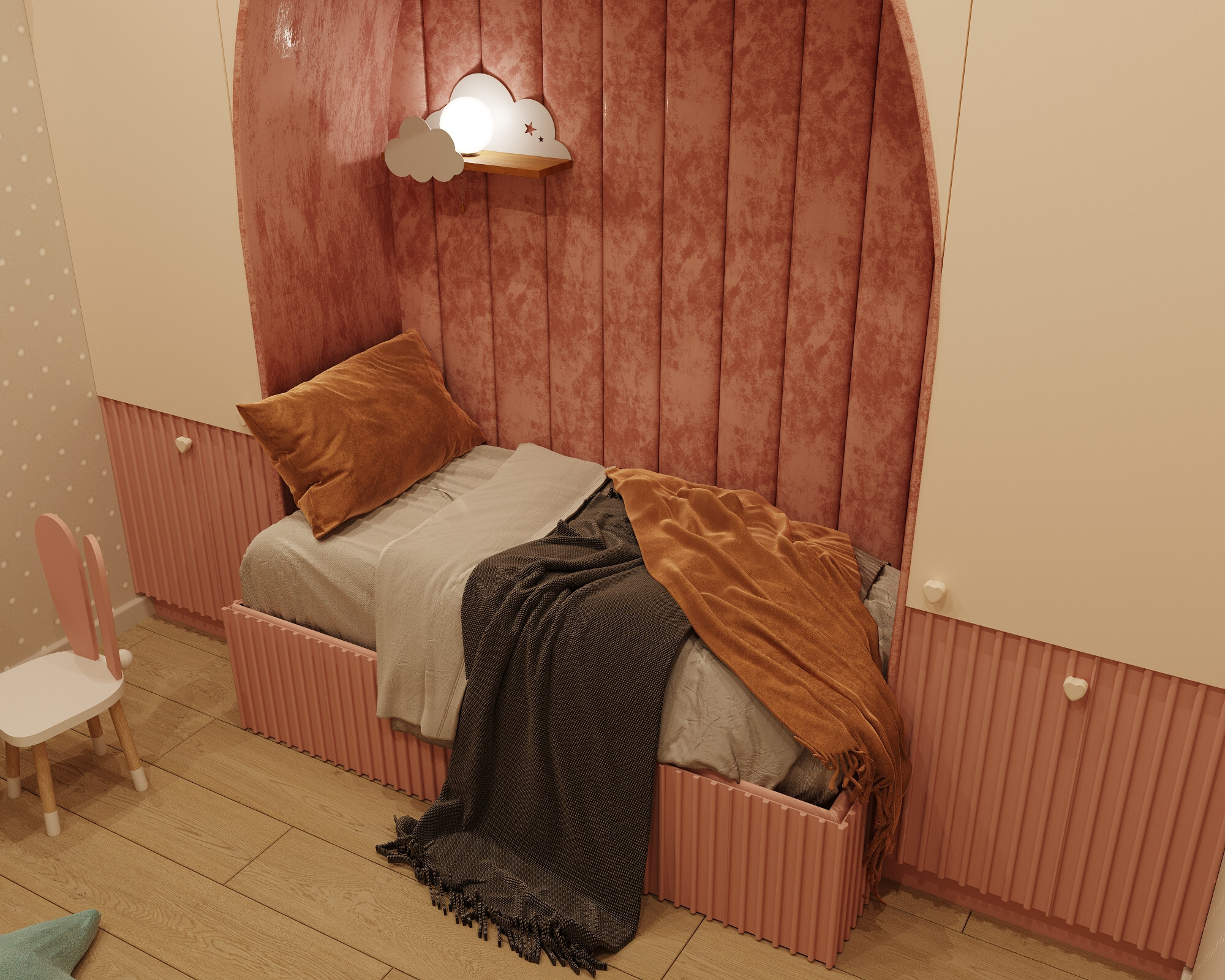 Интерьер спальни с кроватью в нише в современном стиле