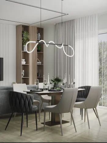 Интерьер кухни cветильниками над столом  смотреть на Basicdecor