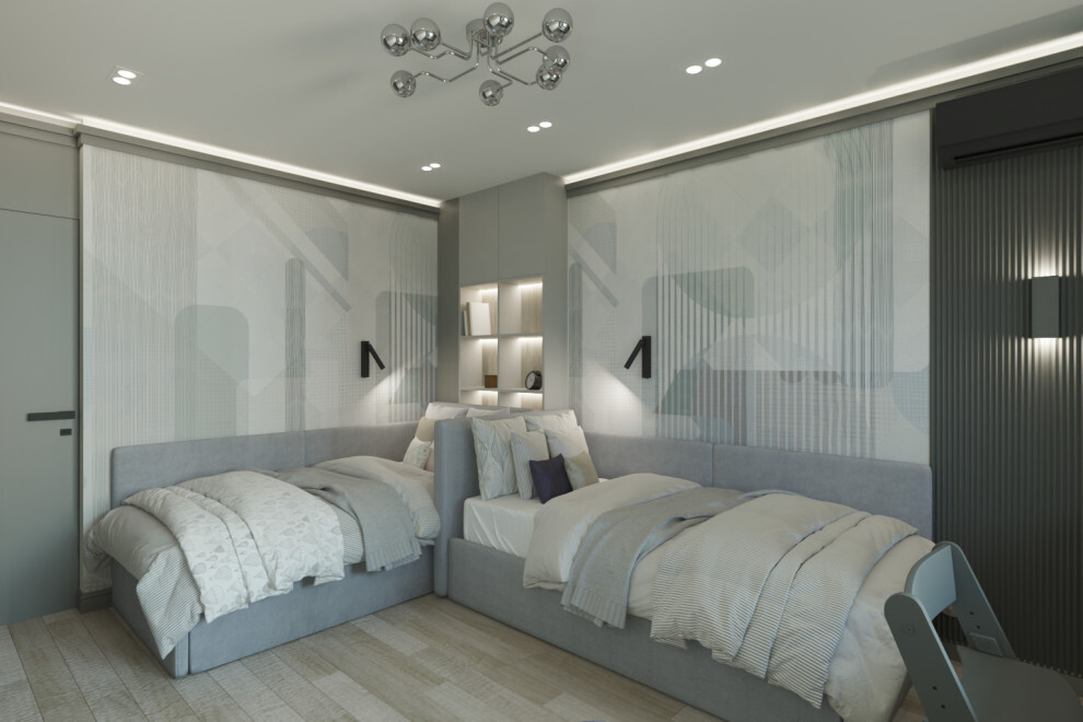 Интерьер спальни cветовыми линиями, подсветкой настенной, подсветкой светодиодной и светильниками над кроватью в современном стиле