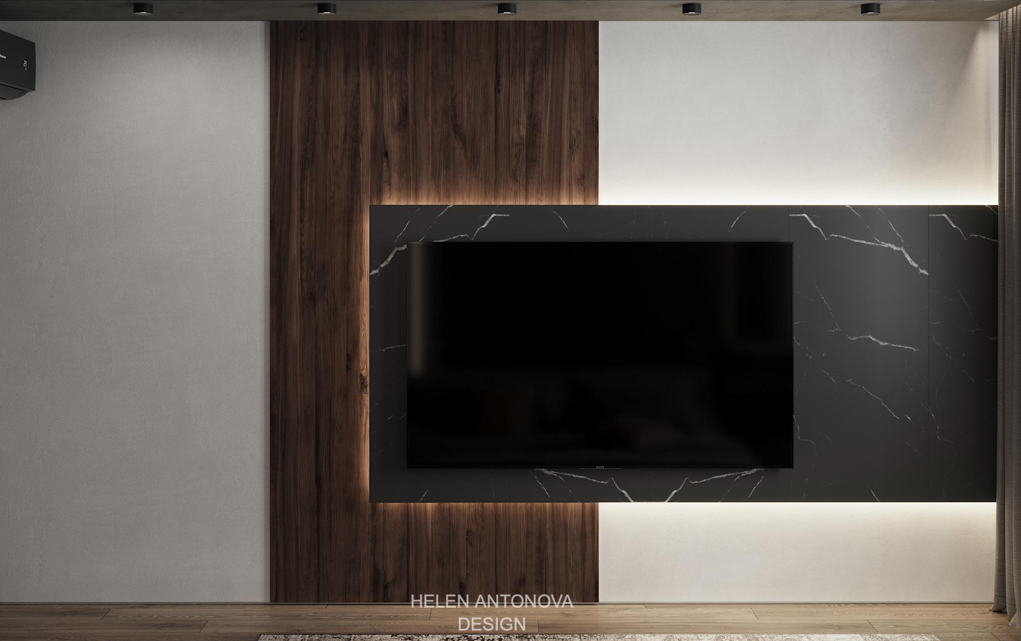 Интерьер гостиной cтеной с телевизором, телевизором на стене, нишей для телевизора и подсветкой настенной