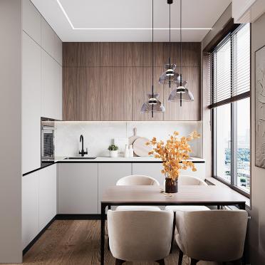 Интерьер кухни cветильниками над столом  смотреть на Basicdecor