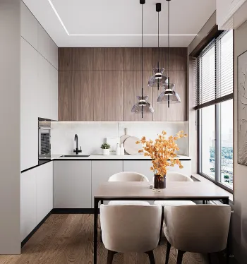 Интерьер кухни cветильниками над столом  смотреть на Basicdecor